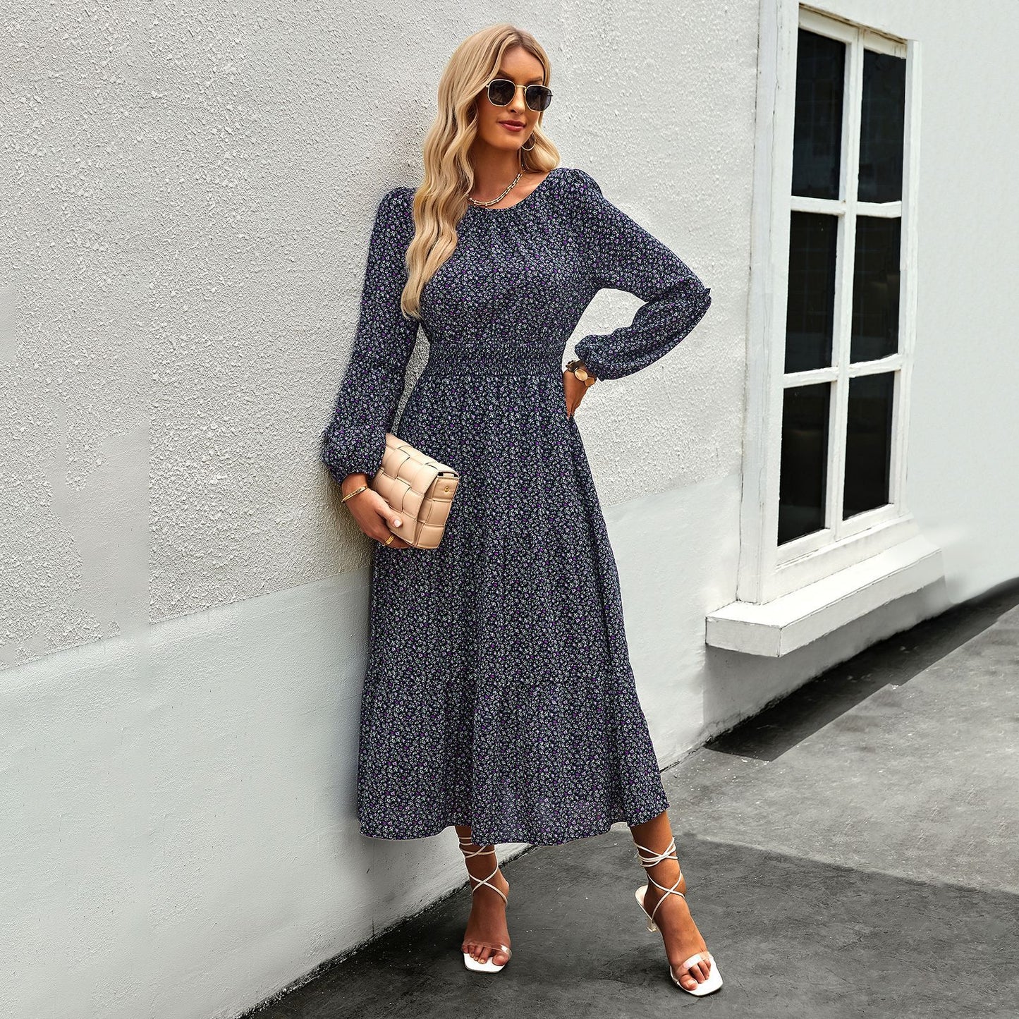 European And American Printed Lantern Sleeve Round Neck Smocking Dress
