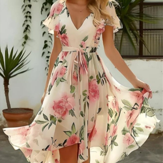 Floral A-Line V-neck Mid-length Slim-fit Printed Dress| Womens Day Dresses