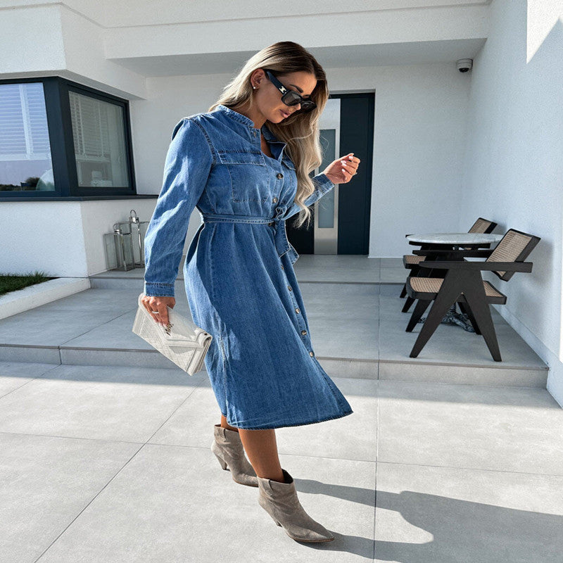 Women's Casual Polo Collar Waist-controlled Lace-up Anti-denim Dress
