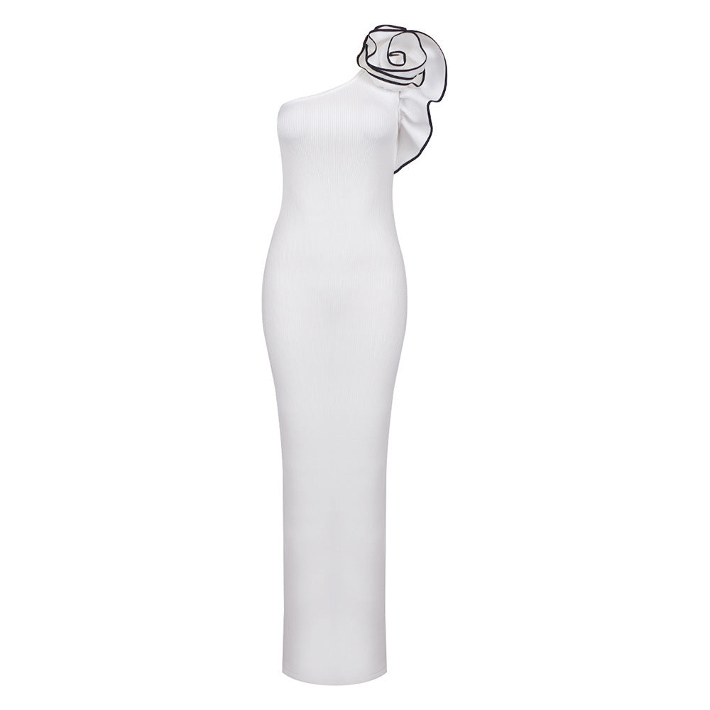 White One-shoulder Flower Black Hook Slim Fit Long Dress