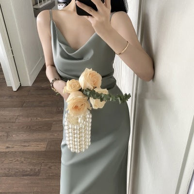 Women's Mid-length Satin Sling Dress