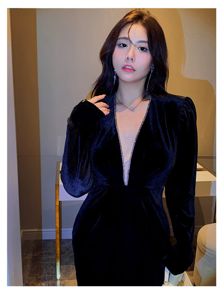 Polyester Slightly Large Size Dress Winter Belly-covering Slimming Sheath Gold Velvet Black Dress A- Line Skirt