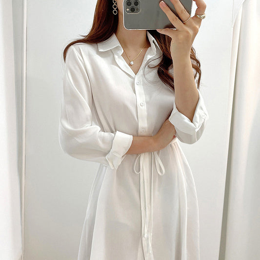 Lapel Tied Long Sleeve Shirt High Waist Side Pleated Suspender Dress For Women