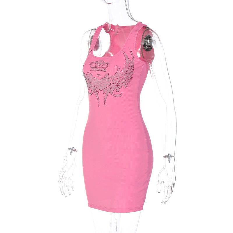 High Waist Dress Rhinestone Slim Sleeveless