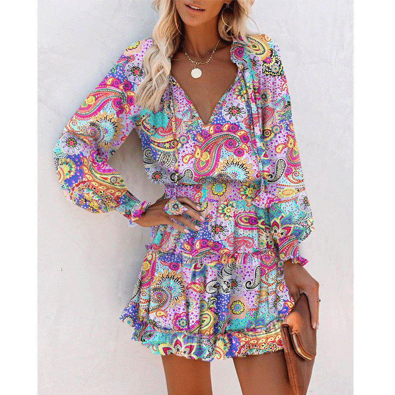 Bohemian Floral Print Puff Sleeve Dress – Tie Waist Casual Chic