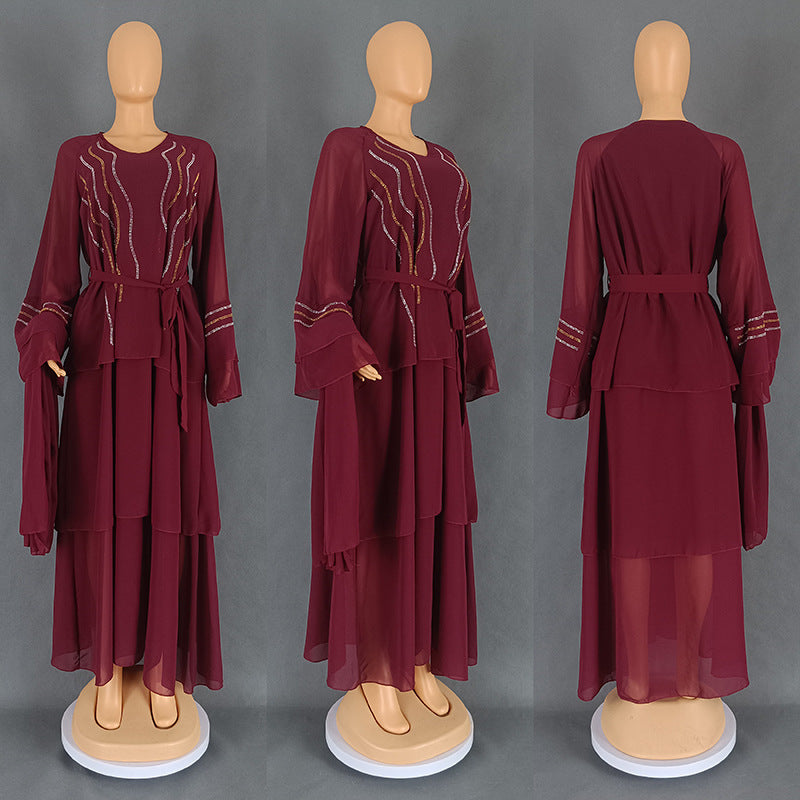Women's Chiffon Rhinestone Cake Dress With Headscarf