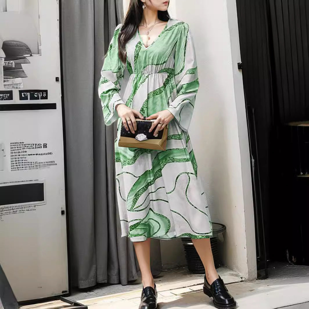 Women's Fashion Positioning Printing V-neck Long-sleeve Dress