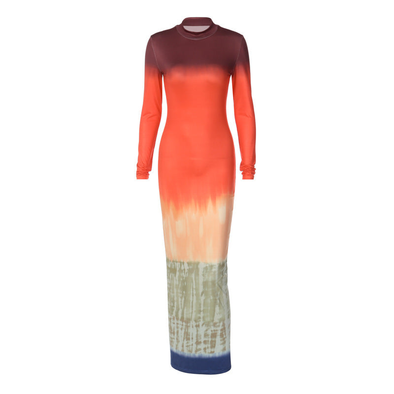 Fashion Printing Slim Fit Round Neck Long Sleeves Dress