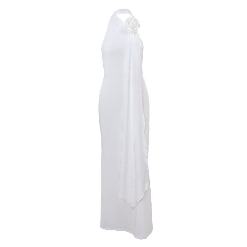 Ins Hot Girl Fashion Backless Temperament Three-dimensional Flower Decoration Halter Dress