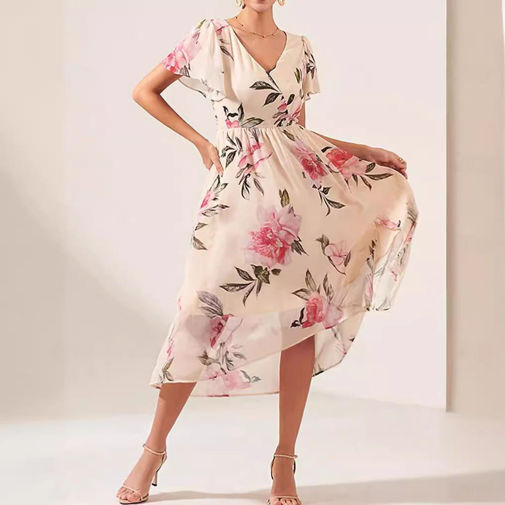 Floral A-Line V-neck Mid-length Slim-fit Printed Dress| Womens Day Dresses