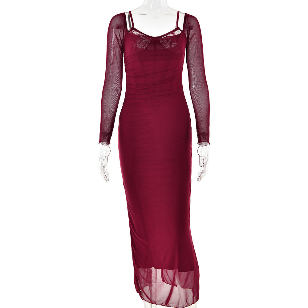 Mesh Stitching Lace Mid-length Dress