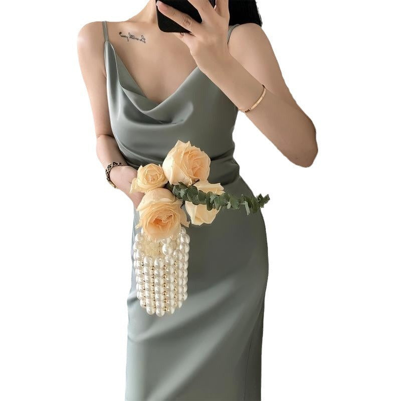 Women's Mid-length Satin Sling Dress