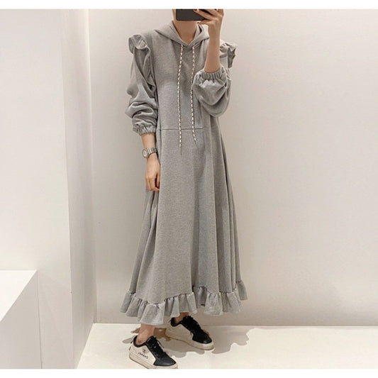 Pullover Dress Thickened Hooded Ruffled Long