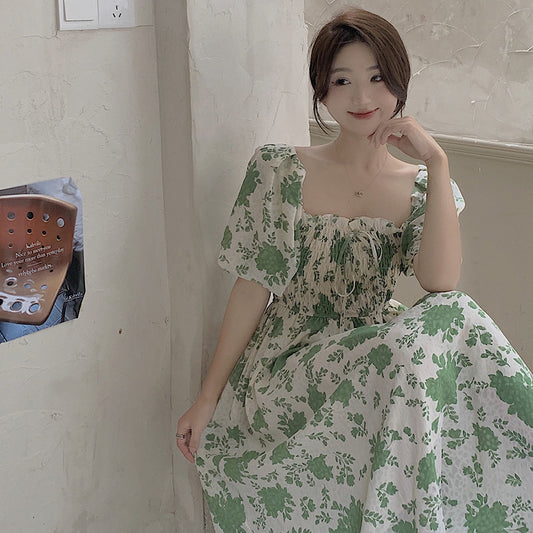 Women's Fashion Square Collar Ruffle Puff Sleeve Waist-controlled Lace-up Dress