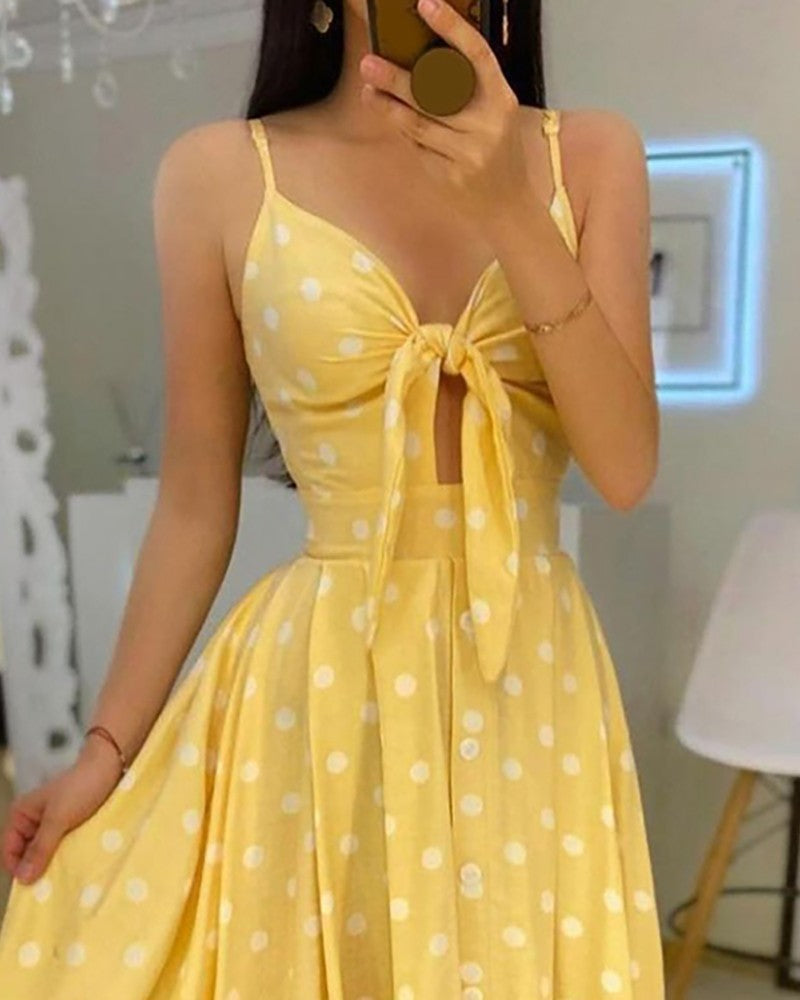 Slingshaped Polkadot Midlength Skirt Highwaist Split Dress