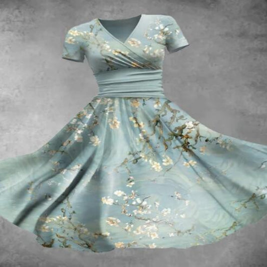 Women's Floral 3D Digital Printed V-neck Short Sleeve Dress