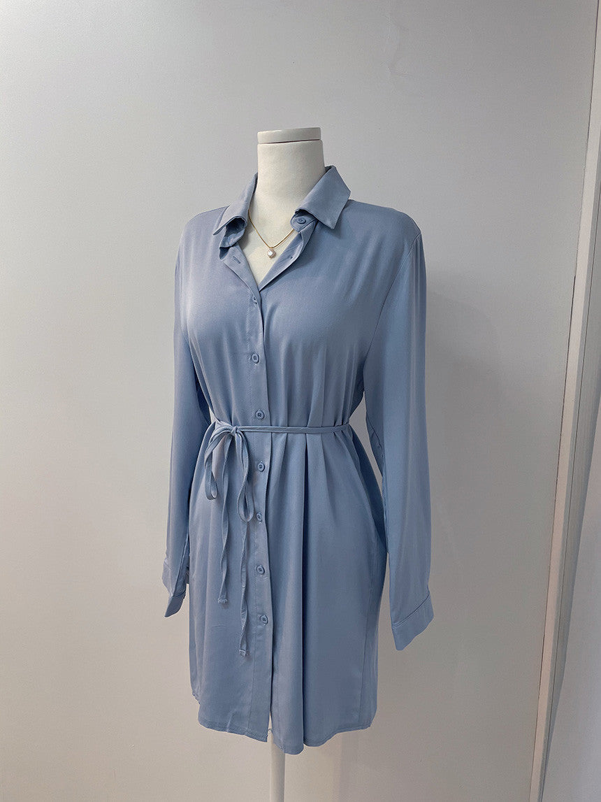 Lapel Tied Long Sleeve Shirt High Waist Side Pleated Suspender Dress For Women