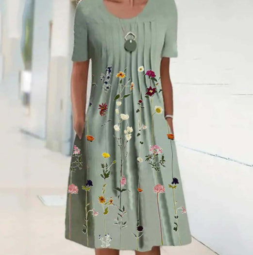 Casual Floral Round Neck Mid-Length Straight Dress
