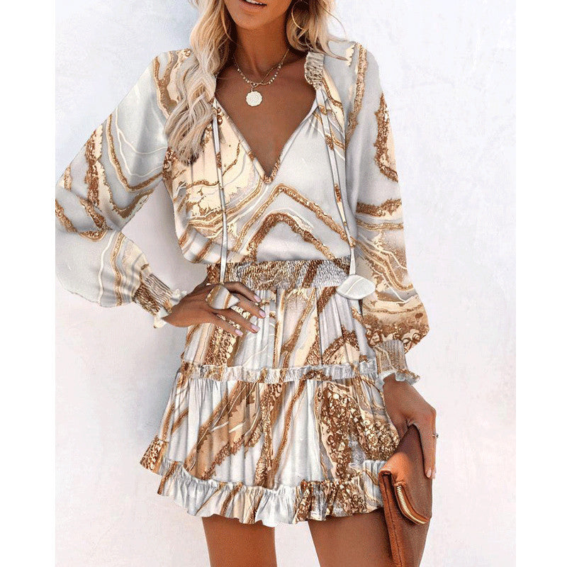 Bohemian Floral Print Puff Sleeve Dress – Tie Waist Casual Chic