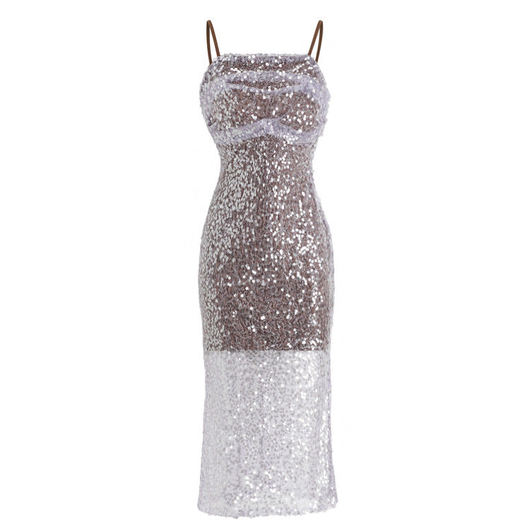 Women's Mid-length Sequined Pleated Suspender Dress