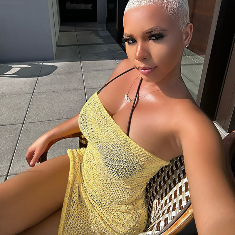 European And American Fashion Sexy Hot Girl Sleeveless Tube Top See-through Hollow Sheath Dress