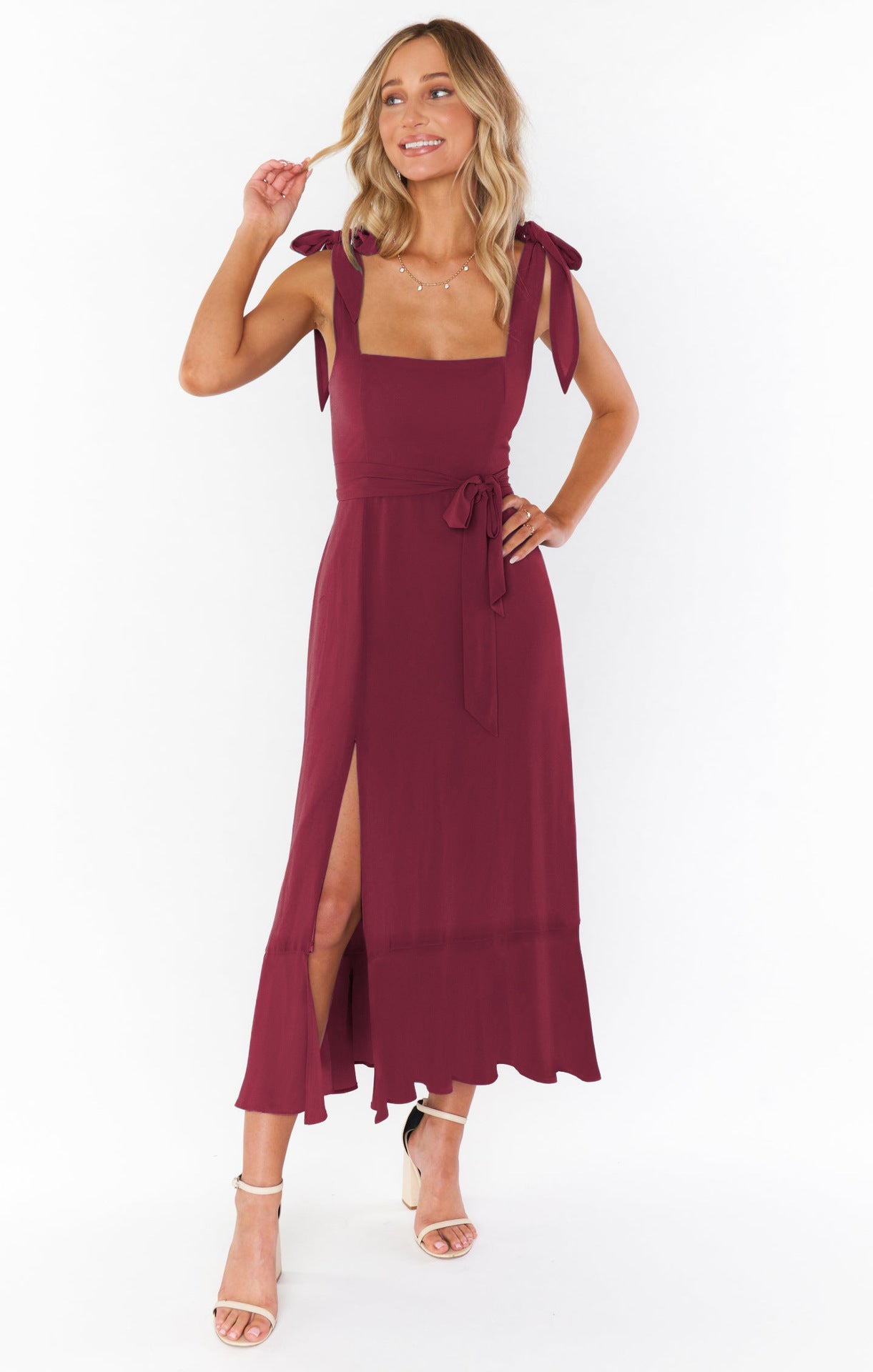 Summer Grace Square Neck Ruffle Split Midi Dress – Bridesmaid & Wedding Guest Style