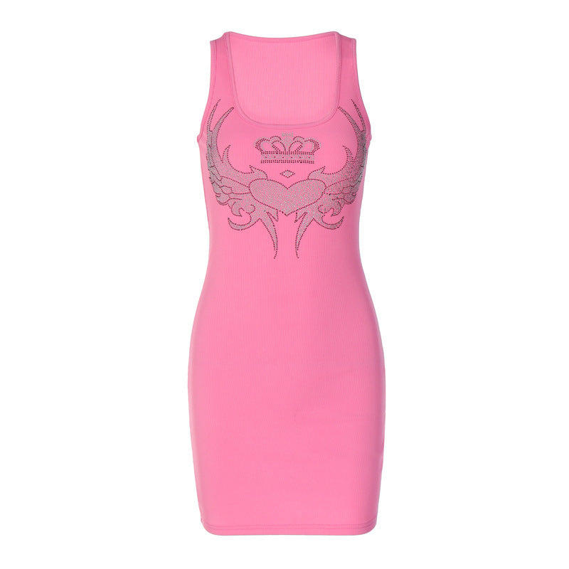 High Waist Dress Rhinestone Slim Sleeveless