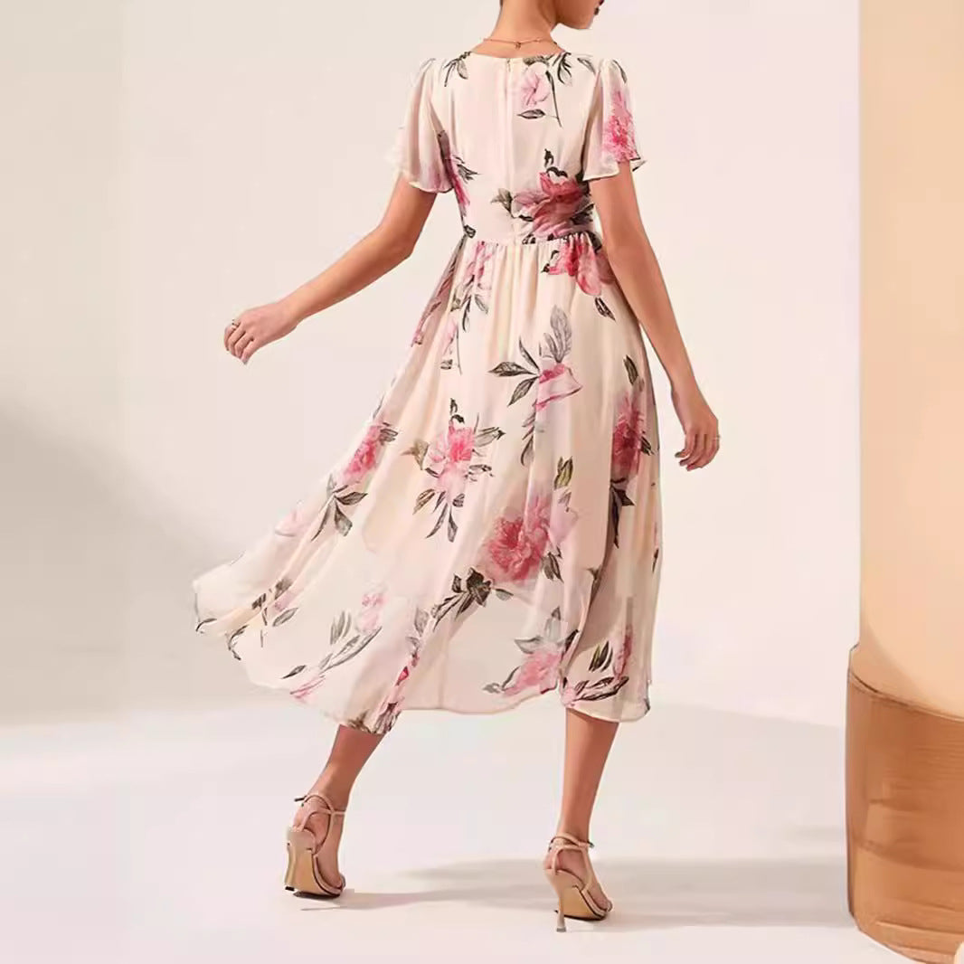 Floral A-Line V-neck Mid-length Slim-fit Printed Dress| Womens Day Dresses