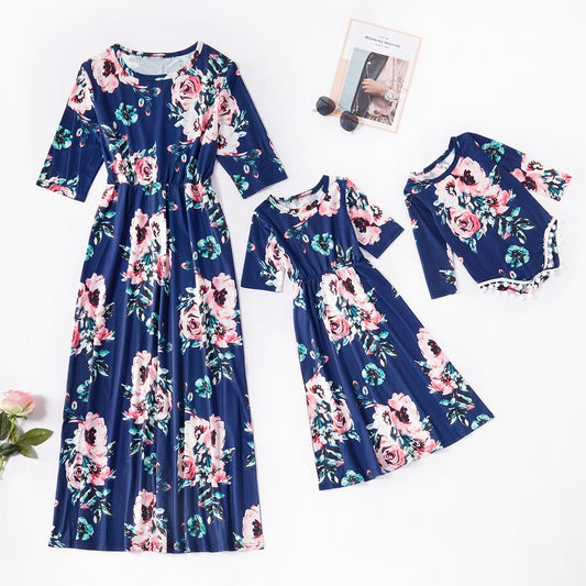 Parent-child Printed Mother And Daughter Mid-length Sleeve Dress Women's Long Skirt