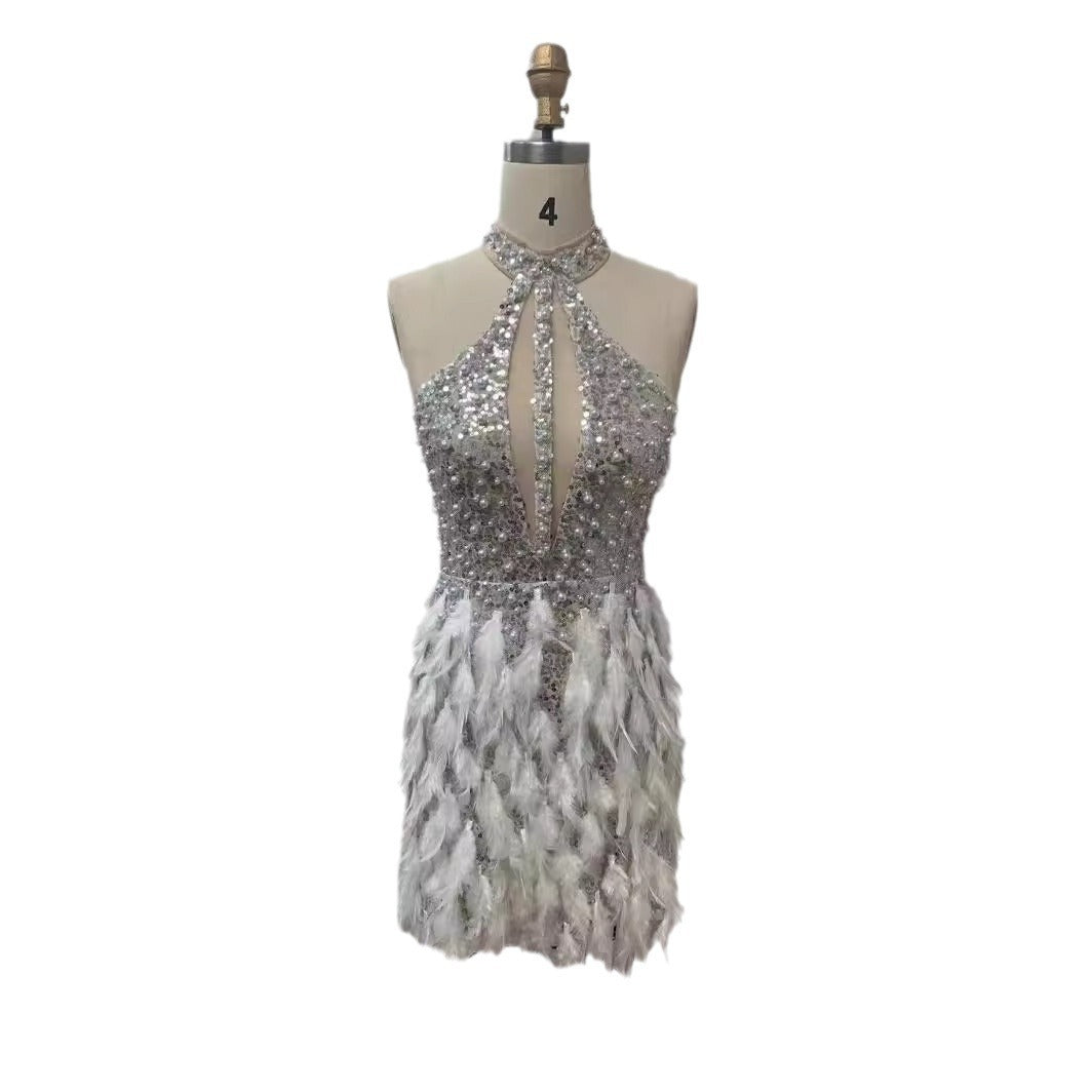 Sequined Feather Skirt Hollow-out Halter Dress