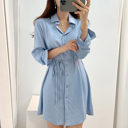 Lapel Tied Long Sleeve Shirt High Waist Side Pleated Suspender Dress For Women