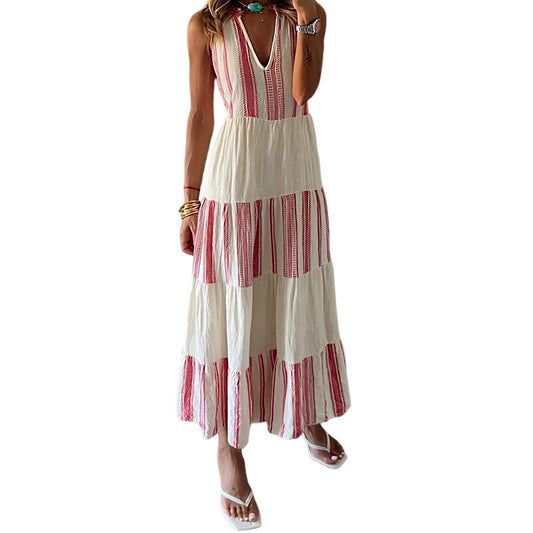 Striped Printed V-neck Sleeveless Maxi Dress