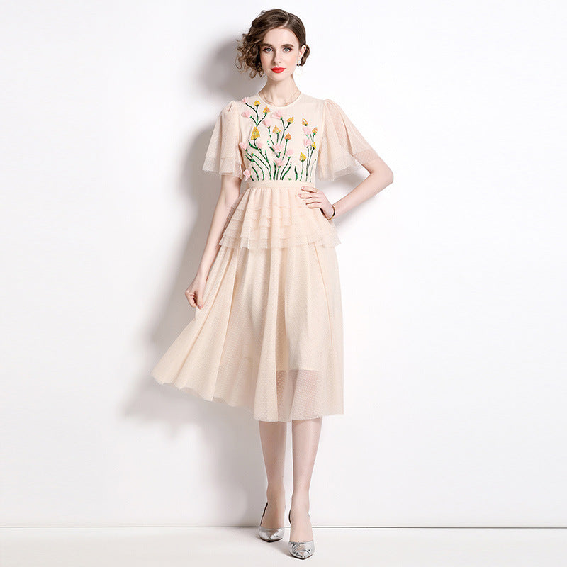 Ladies' Mesh Stitching Sequin Three-dimensional Decoration Flowers Dress