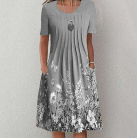 Casual Floral Round Neck Mid-Length Straight Dress