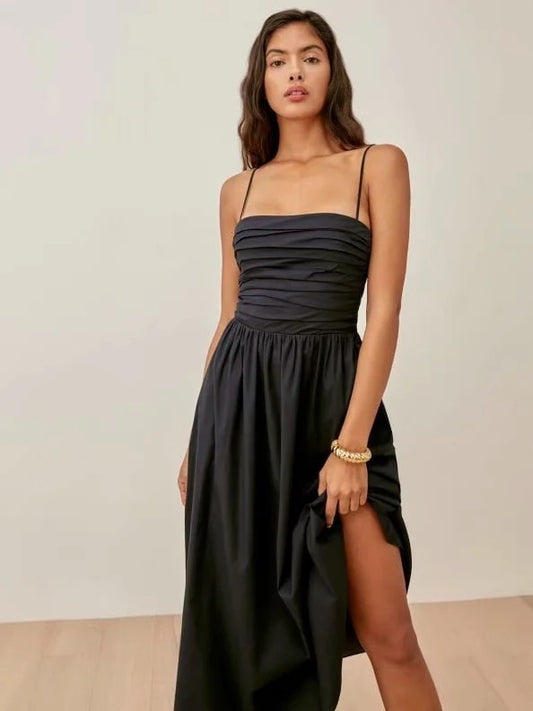 Summer New Style Thin Shoulder Strap Pleated Slim-Fit Large-Length Mid-Length Dress With Dress