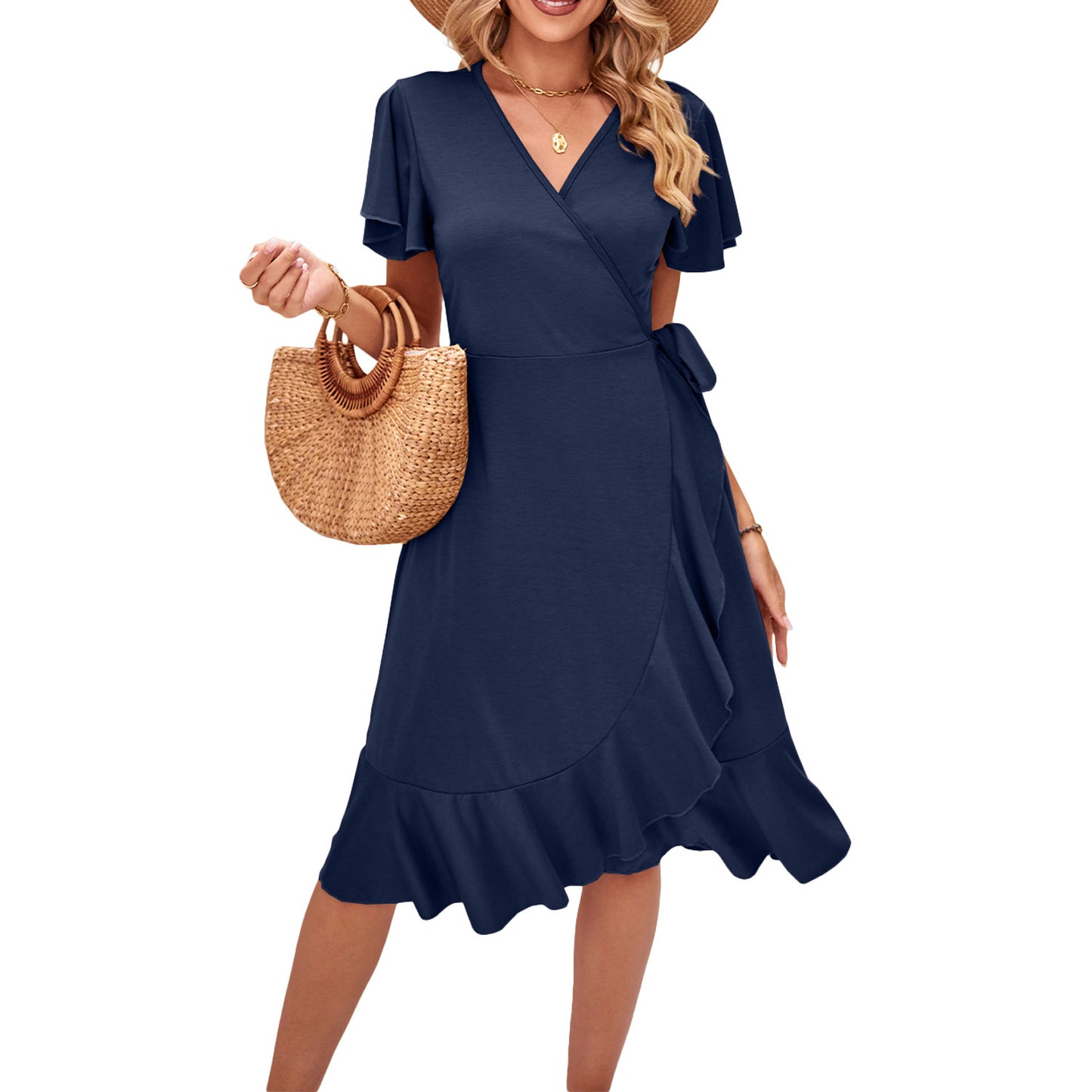 Cross V-neck Short Sleeve Lace-up Dress Irregular Tight Skirt