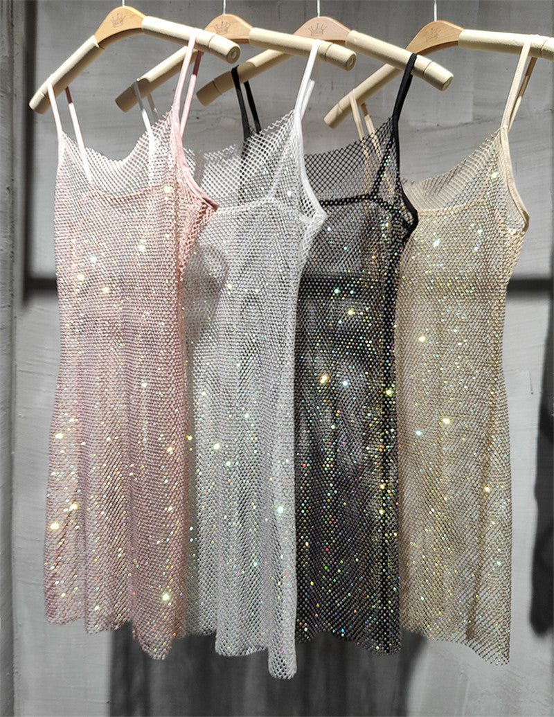 Light Diamond Elegant Crystal Sheath Mid Length Dress