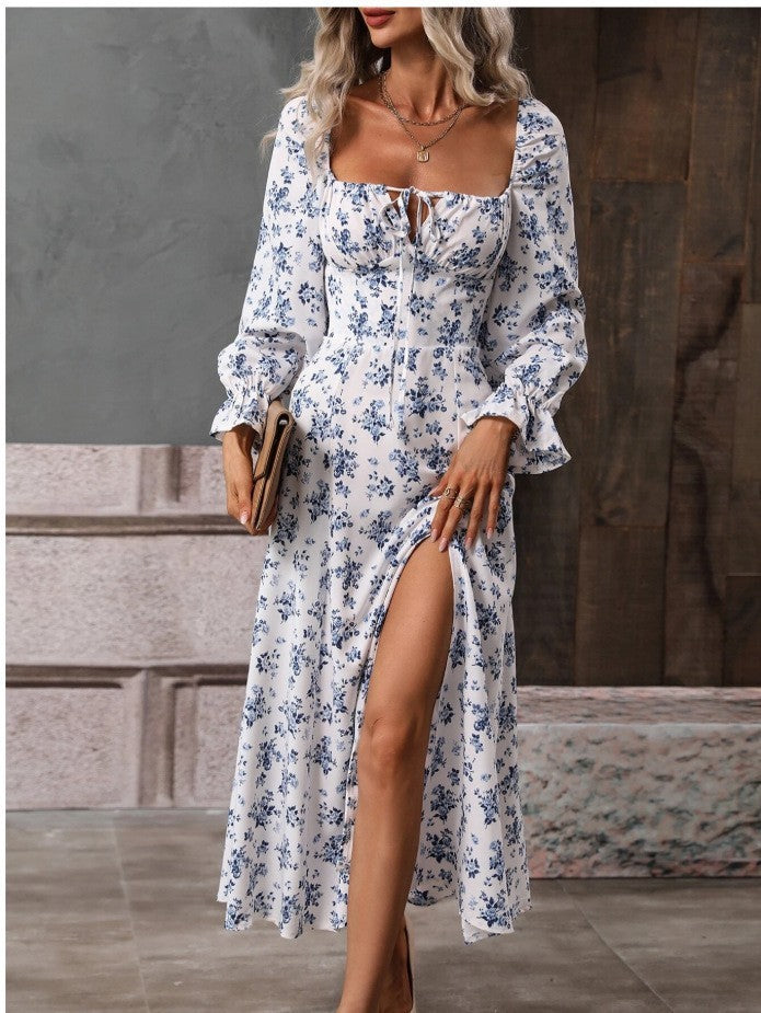Boho Breeze Split Maxi Dress Printing Long Sleeve Square-neck Bottom Slit Dresses Boho Style 2025