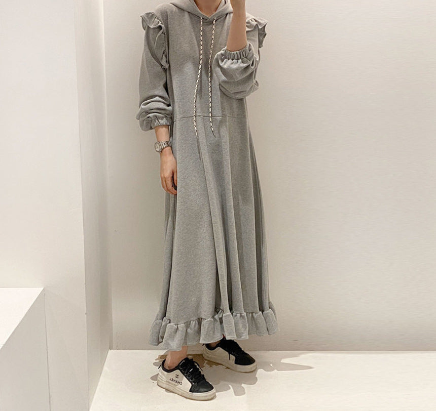 Pullover Dress Thickened Hooded Ruffled Long