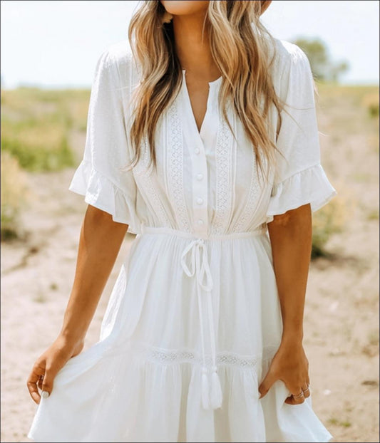 Bubble Wrinkled Waist Shows Thin Mid-length Dress