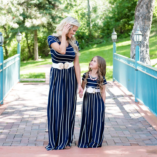 Popular Striped Mother-and-daughter Round Neck Short Sleeve Dress
