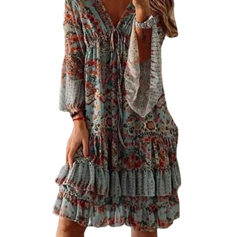 Dress Fashion Printed Cotton Mid-Waist Blue Dress