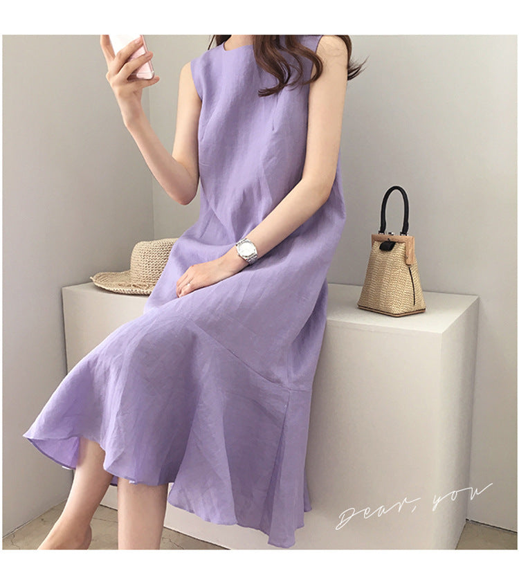 Taro Purple Linen Dress Casual Sleeveless Loose Slimming Fishtail