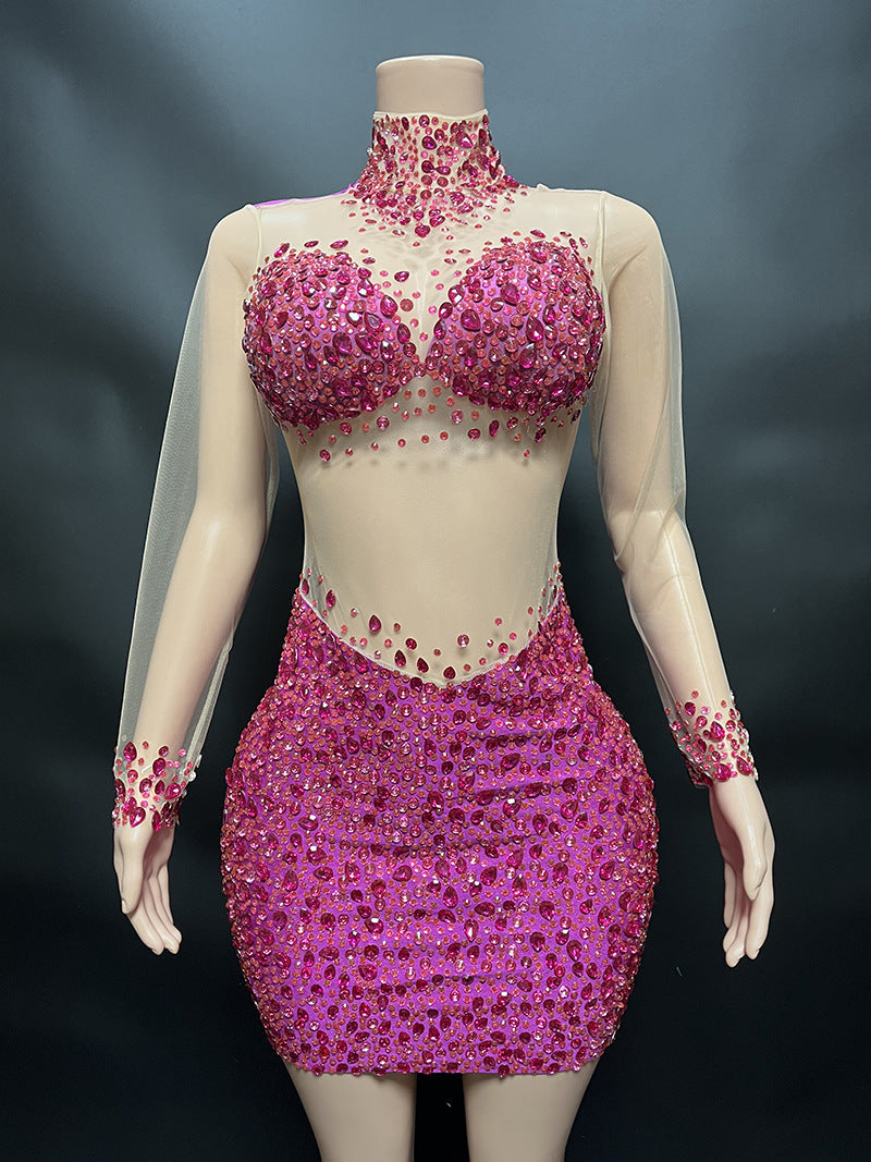 Perspective Gauze Collar Zipper Style Slim Short Dress