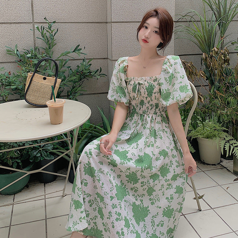 Women's Fashion Square Collar Ruffle Puff Sleeve Waist-controlled Lace-up Dress