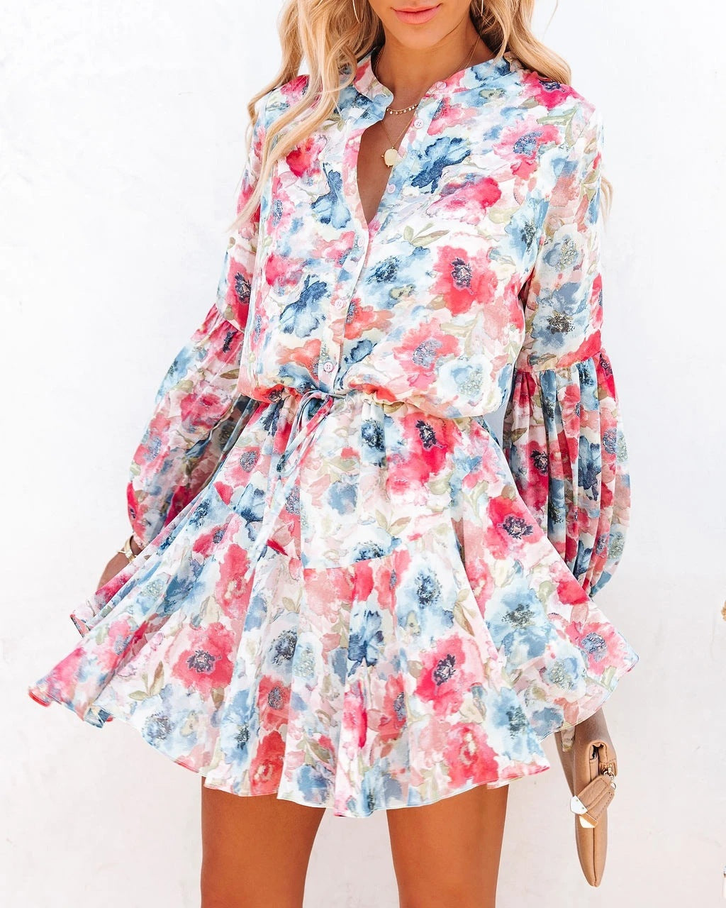Plaid Printed Lantern Sleeve Ruffled Hem Long Sleeve Dress