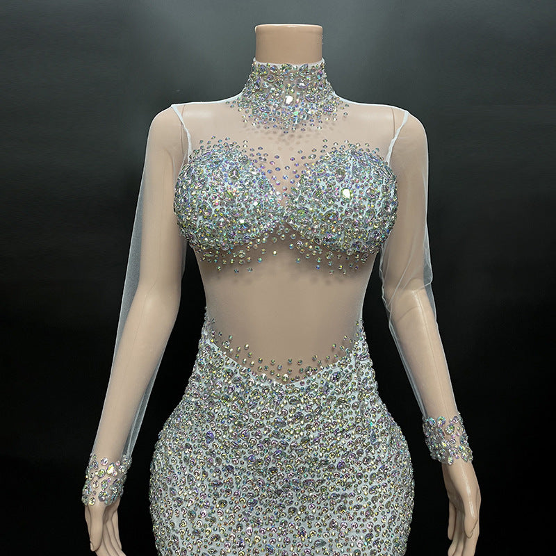 Perspective Gauze Collar Zipper Style Slim Short Dress