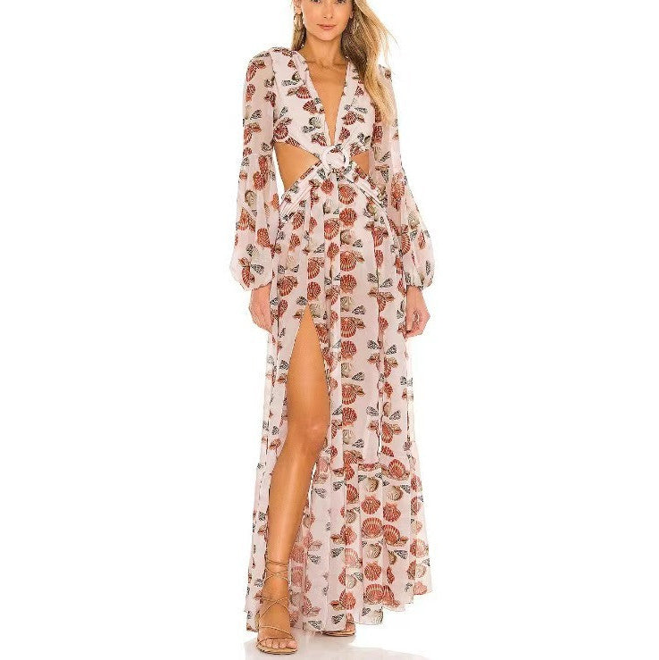Sultry Elegance: Lace V-Neck Lantern Sleeve Long Dress