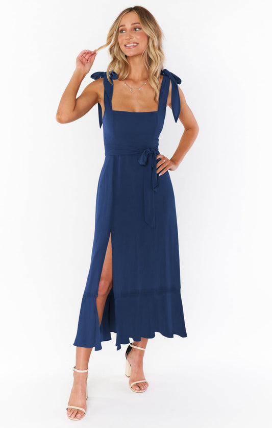 Summer Grace Square Neck Ruffle Split Midi Dress – Bridesmaid & Wedding Guest Style