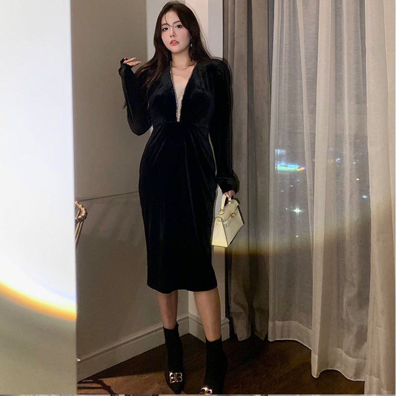 Polyester Slightly Large Size Dress Winter Belly-covering Slimming Sheath Gold Velvet Black Dress A- Line Skirt